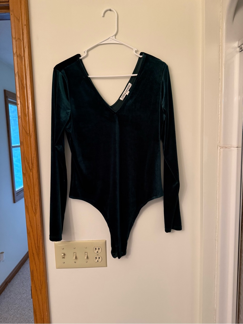 Long-Sleeve Velvet V-Neck Bodysuit - Dark Green